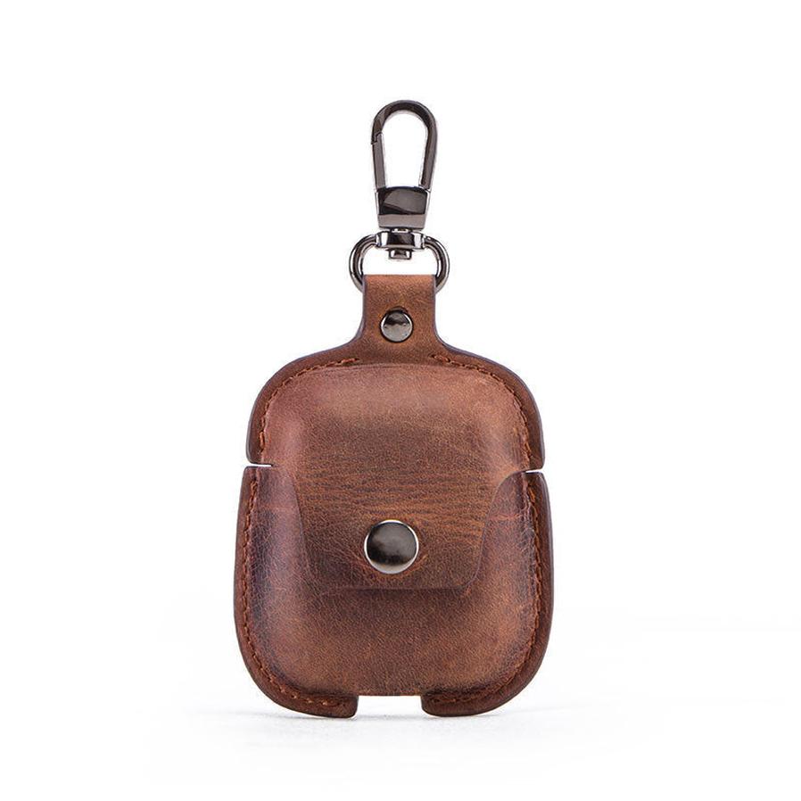 JMT-759690 Leather Earphone Case Keychain for iPhone Models - Portable Flip Design in Brown