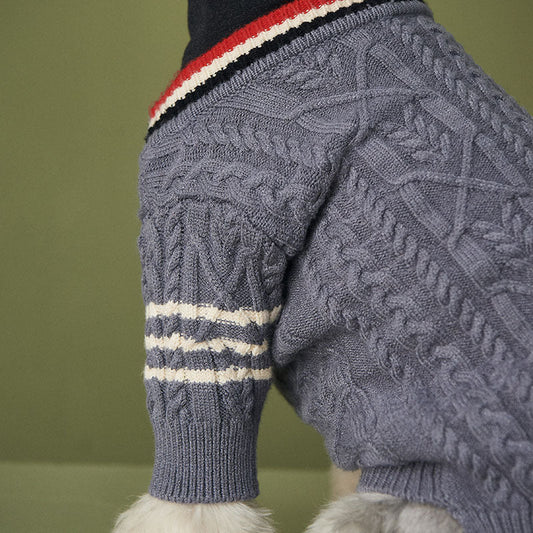 JMT-760138 Trendy Casual Wool Sweater for Dogs - Dark Gray and Apricot Cardigan with Three Bars