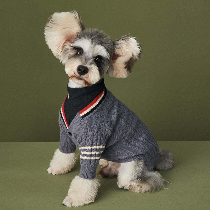 JMT-760138 Trendy Casual Wool Sweater for Dogs - Dark Gray and Apricot Cardigan with Three Bars