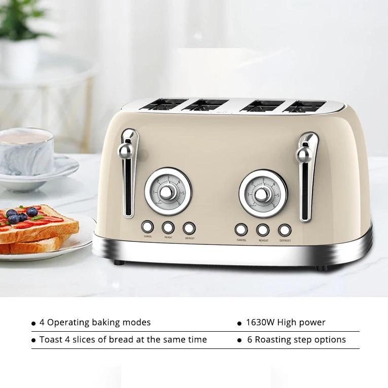 JMT-760458 Retro 4-Slice Stainless Steel Electric Pop-Up Toaster with Integrated Grill
