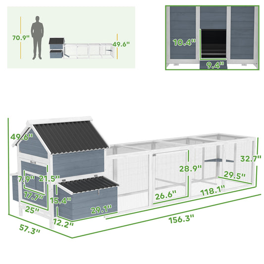 JMT-760522 Extra Large Wooden Chicken Coop with 2 Nesting Boxes, Run Cage, and Waterproof Roof for 10-15 Chickens in Light Gray