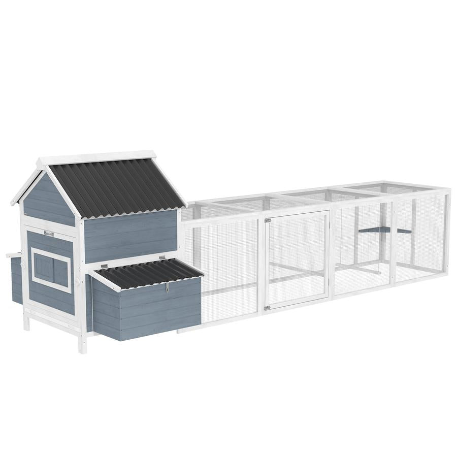 JMT-760522 Extra Large Wooden Chicken Coop with 2 Nesting Boxes, Run Cage, and Waterproof Roof for 10-15 Chickens in Light Gray