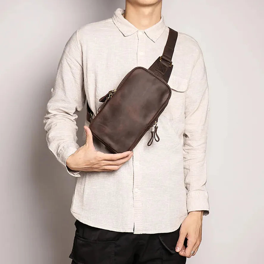 JMT-761546 Men's Casual Leather Chest Bag with Large Capacity in Brown and Coffee