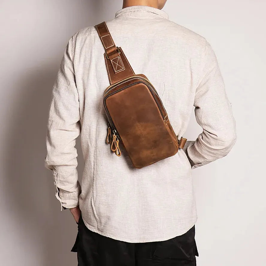 JMT-761546 Men's Casual Leather Chest Bag with Large Capacity in Brown and Coffee