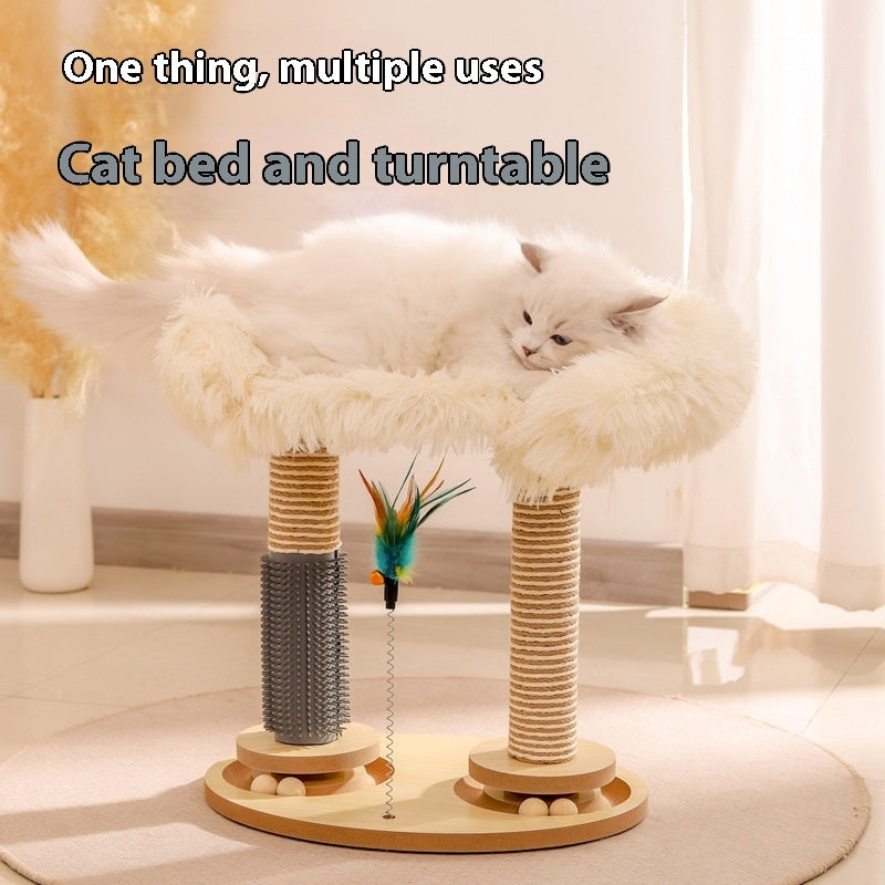 JMT-762826 Scratch-Resistant Wooden Cat Toy Pillar with Double Turntables and Nesting Design