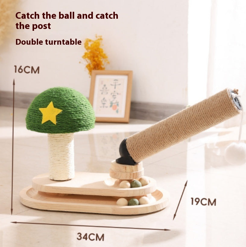 JMT-762826 Scratch-Resistant Wooden Cat Toy Pillar with Double Turntables and Nesting Design