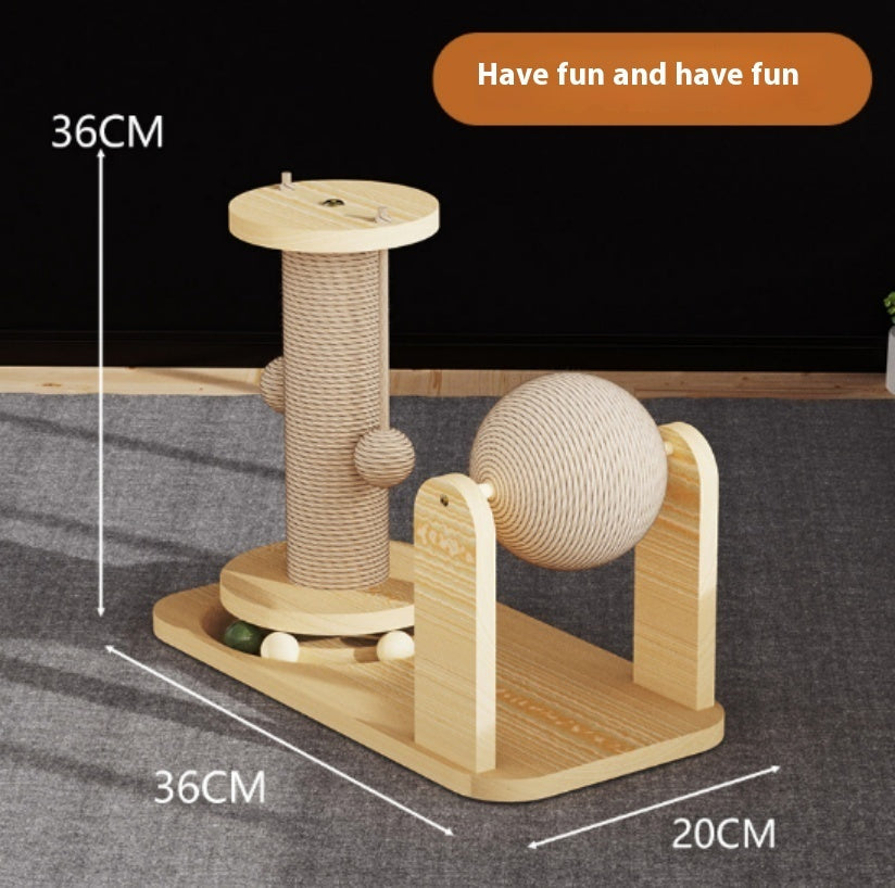 JMT-762826 Scratch-Resistant Wooden Cat Toy Pillar with Double Turntables and Nesting Design