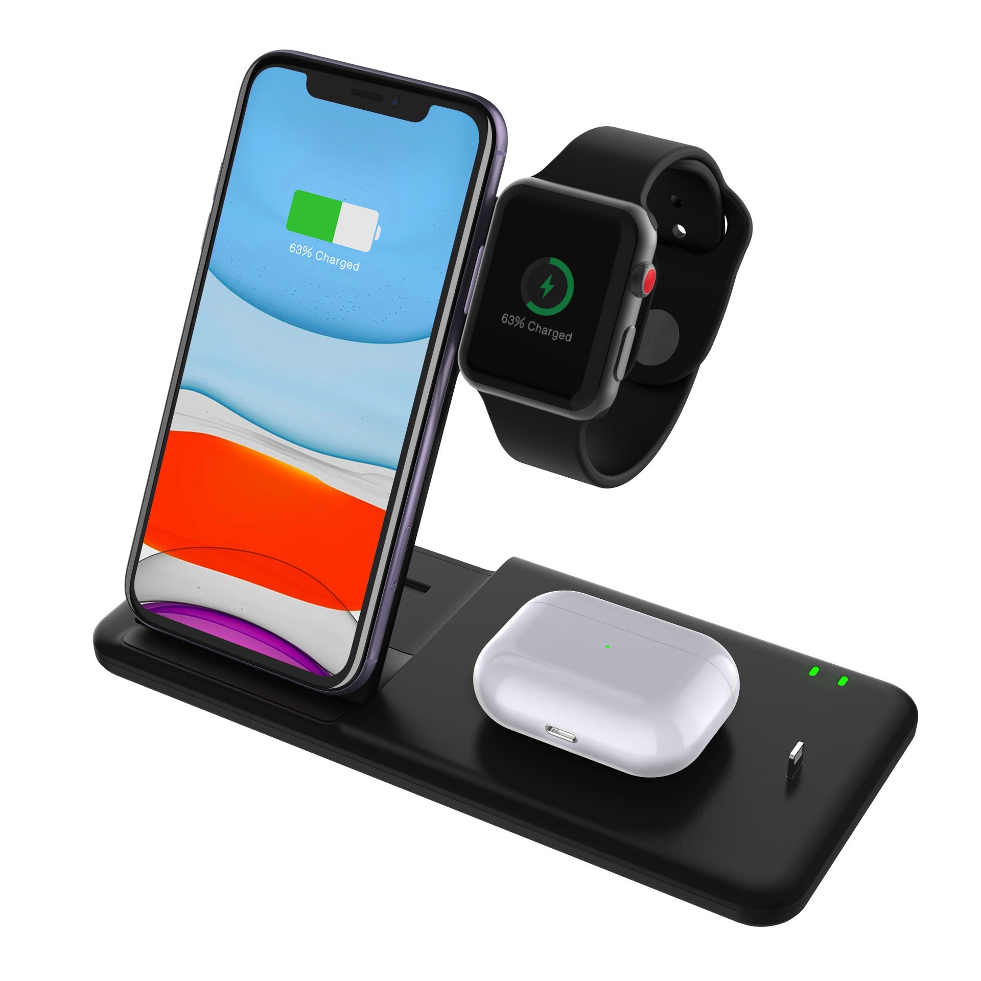 JMT-764298 4-in-1 Wireless Charger Station for iPhone, Apple Watch, and AirPods – Fast Charging Stand, Qi-Certified, Black/White