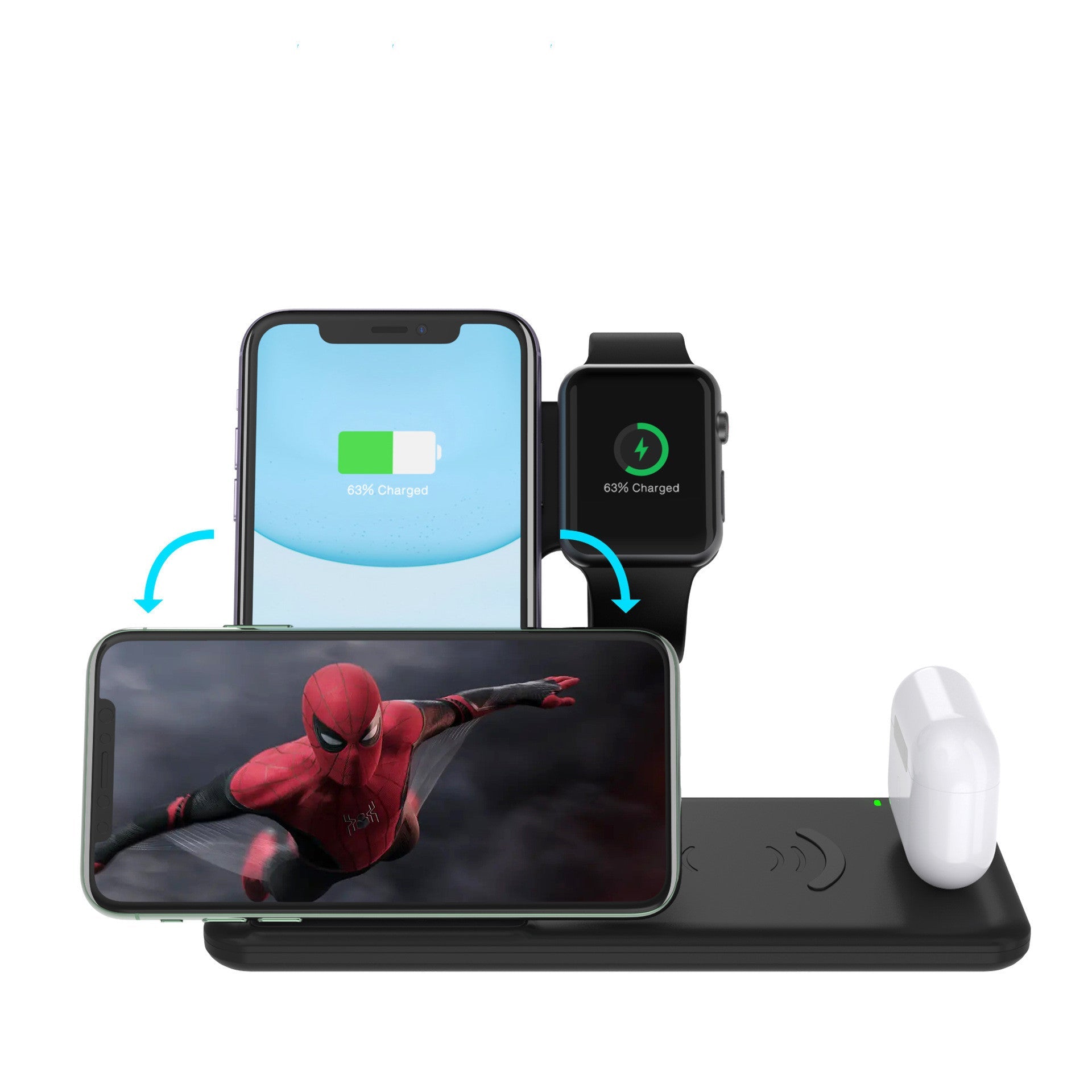 JMT-764298 4-in-1 Wireless Charger Station for iPhone, Apple Watch, and AirPods – Fast Charging Stand, Qi-Certified, Black/White