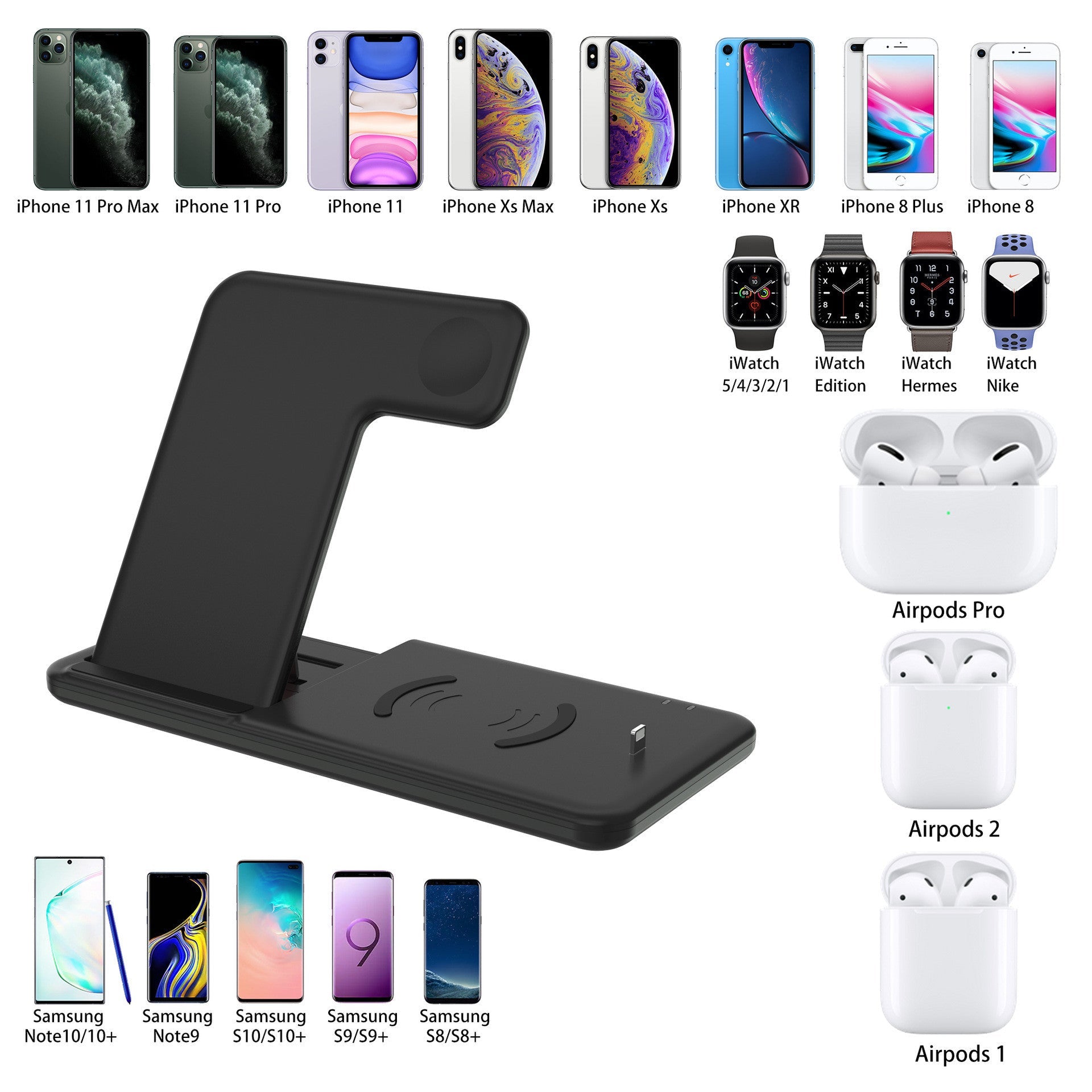 JMT-764298 4-in-1 Wireless Charger Station for iPhone, Apple Watch, and AirPods – Fast Charging Stand, Qi-Certified, Black/White