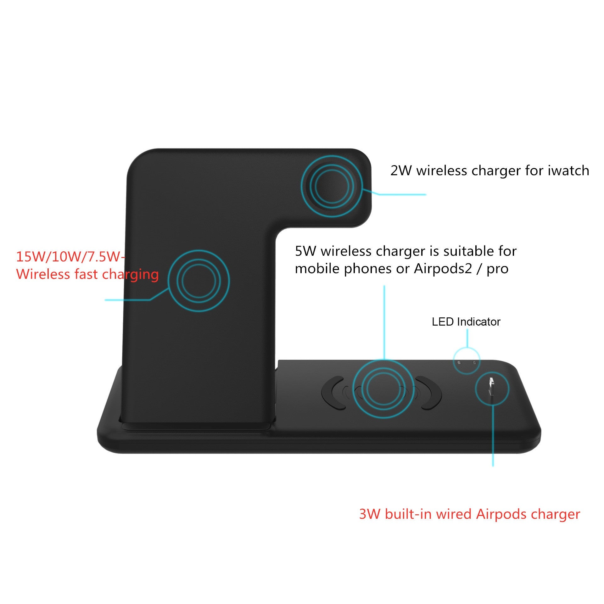 JMT-764298 4-in-1 Wireless Charger Station for iPhone, Apple Watch, and AirPods – Fast Charging Stand, Qi-Certified, Black/White