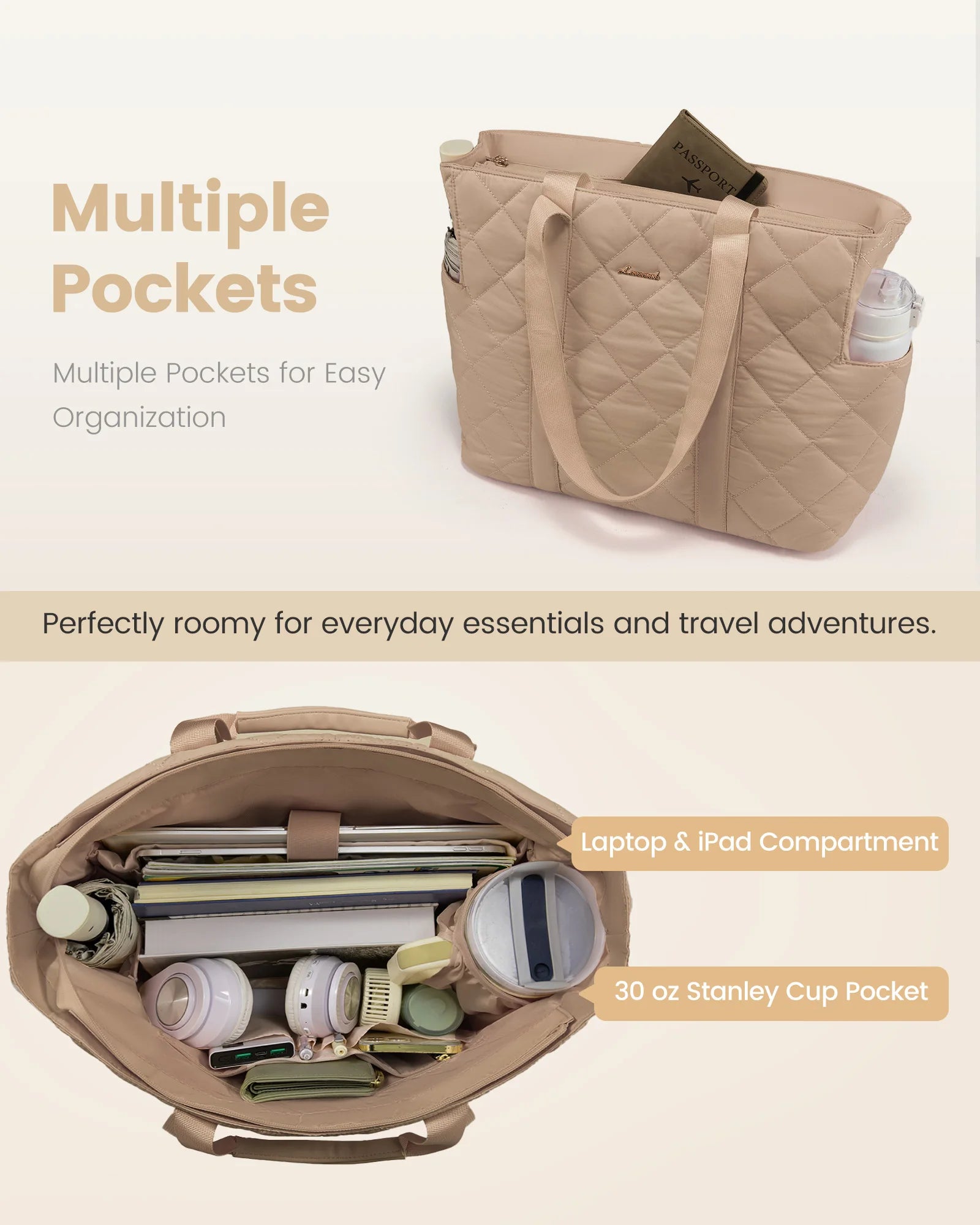 JMT-764938 Puffer Tote Bag for 15.6 in Laptop - Large Quilted Handbag with Shoulder Strap