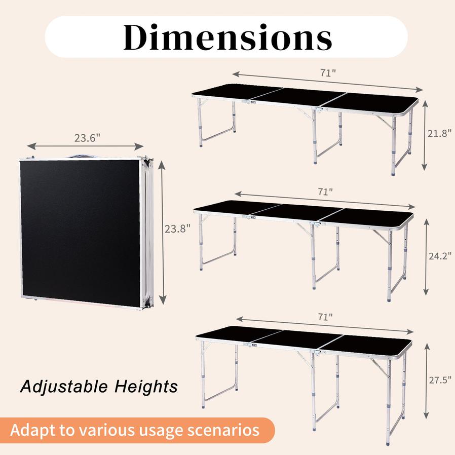 JMT-765002 6ft Black Aluminum Alloy Tri-Fold Outdoor Folding Table, 50kg Weight Capacity