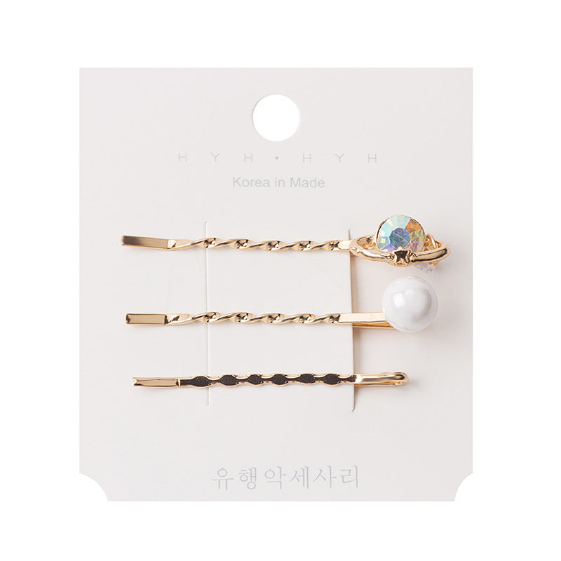 JMT-765642 Three-Piece Set of Geometric Pearl Wave Hairpins in Metal