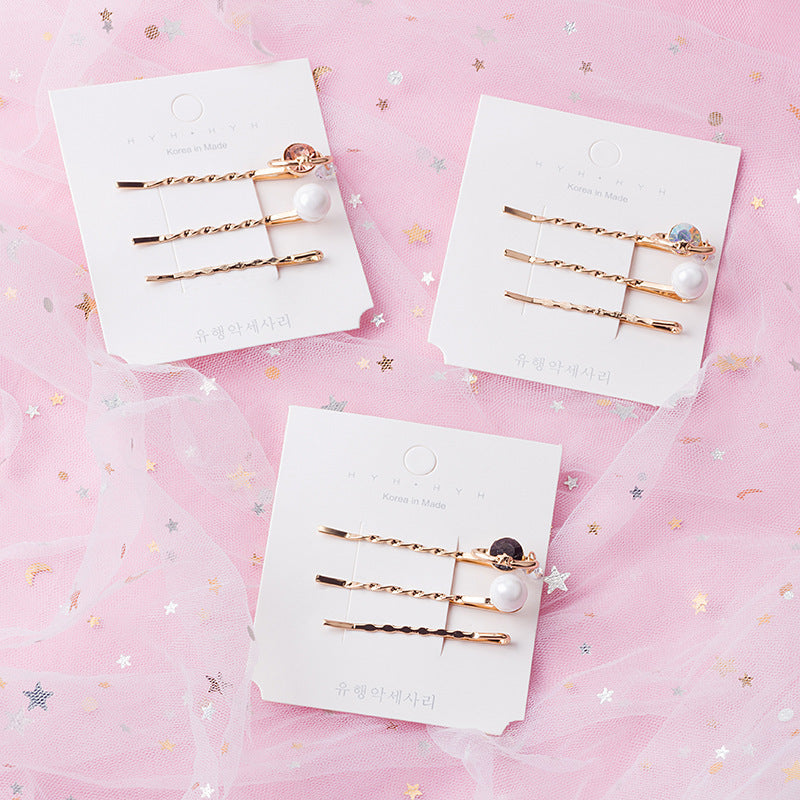 JMT-765642 Three-Piece Set of Geometric Pearl Wave Hairpins in Metal