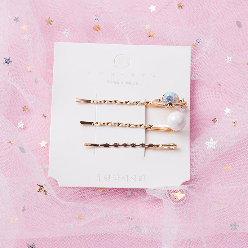 JMT-765642 Three-Piece Set of Geometric Pearl Wave Hairpins in Metal