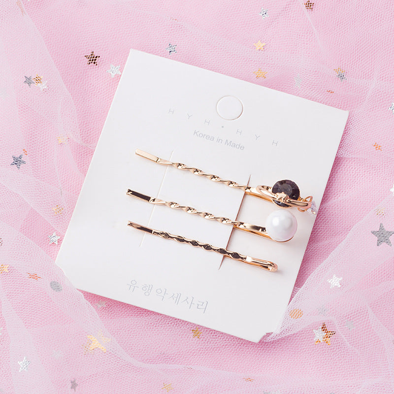 JMT-765642 Three-Piece Set of Geometric Pearl Wave Hairpins in Metal
