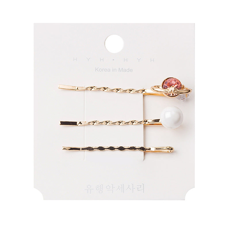 JMT-765642 Three-Piece Set of Geometric Pearl Wave Hairpins in Metal