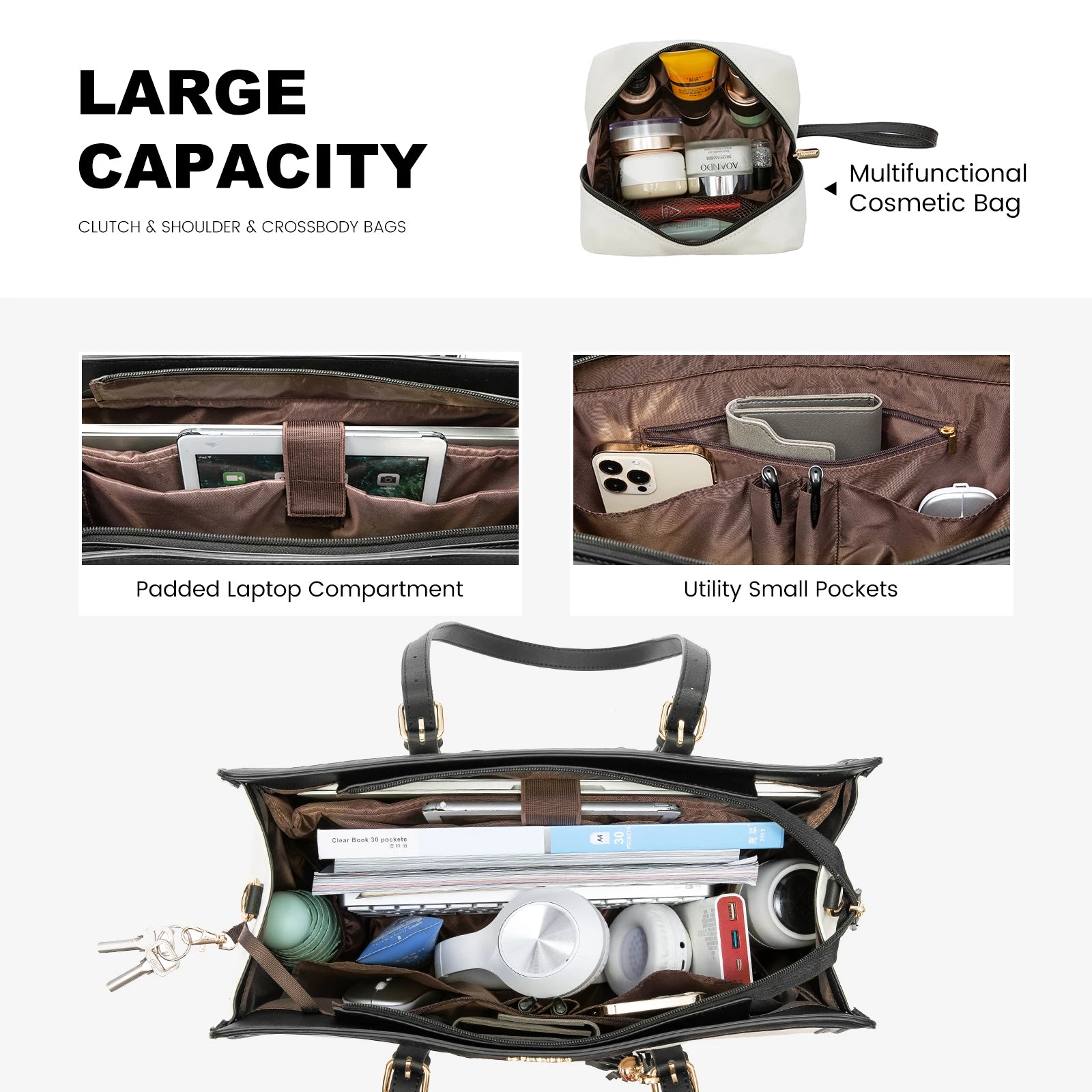 JMT-766090 Spacious PU Leather Canvas Laptop Tote Bag for School and Casual Use