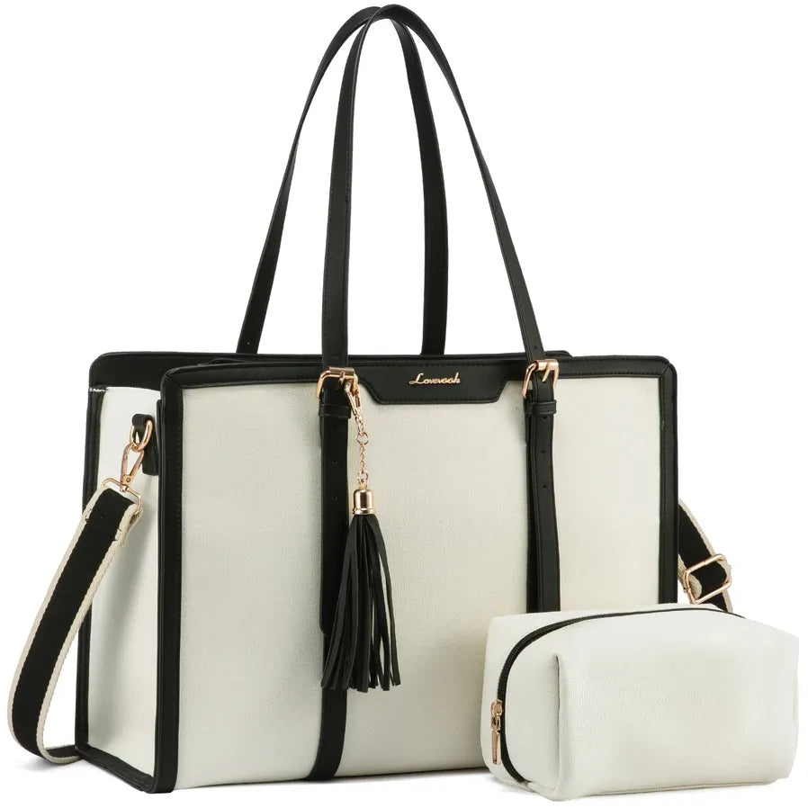 JMT-766090 Spacious PU Leather Canvas Laptop Tote Bag for School and Casual Use
