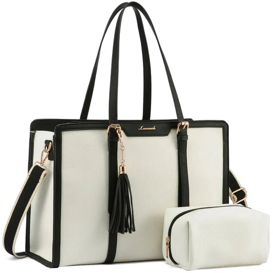 JMT-766090 Spacious PU Leather Canvas Laptop Tote Bag for School and Casual Use