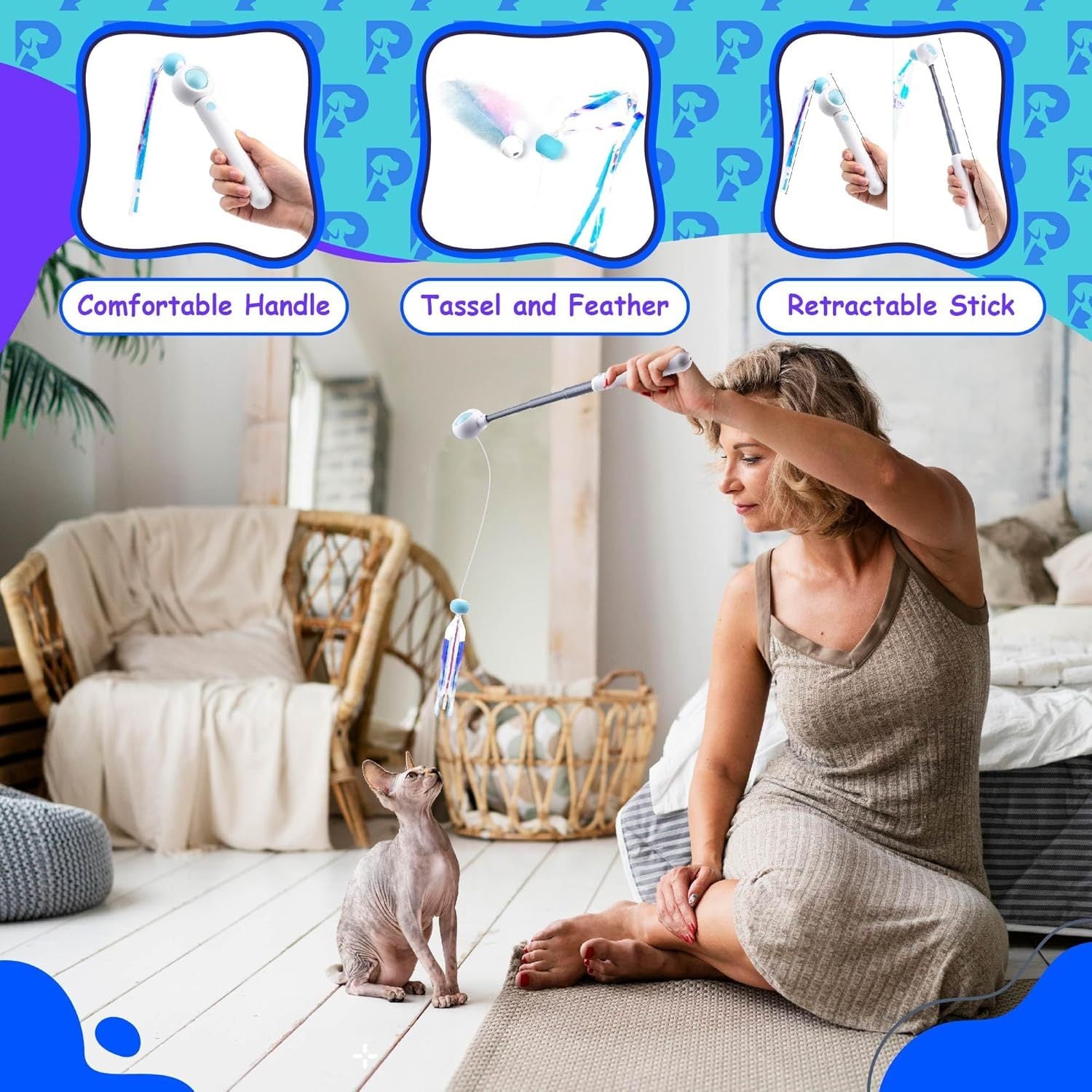 JMT-766410 Adjustable Cat Wand Toy - Extends from 8 to 17 Inches for Versatile Play