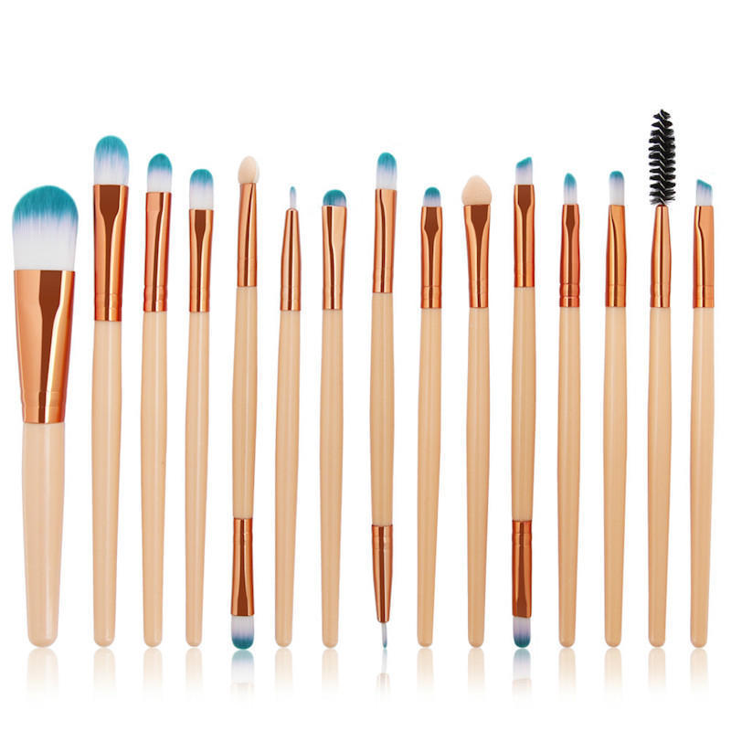JMT-766538 Champagne Makeup Brush Set - 15 Packs, Rayon Brushes with Plastic Handles