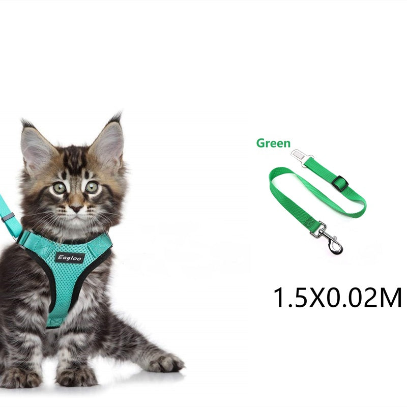 JMT-766602 Adjustable Reflective Soft Mesh Cat Vest Harness with Car Seat Belt Adapter for Kittens and Puppies