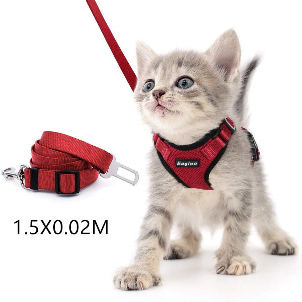 JMT-766602 Adjustable Reflective Soft Mesh Cat Vest Harness with Car Seat Belt Adapter for Kittens and Puppies
