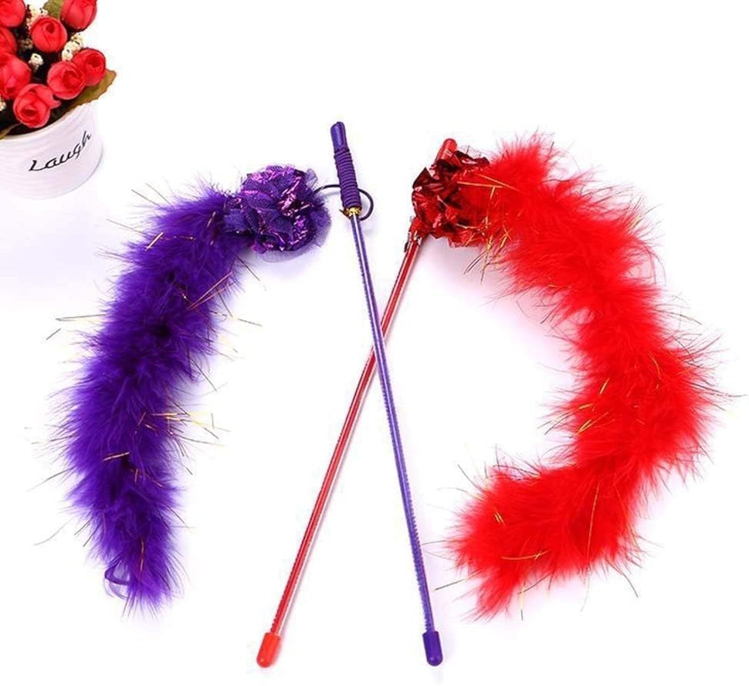 JMT-767562 Interactive Feather Teaser Wand with Crinkle Ball for Indoor Cat Play and Exercise