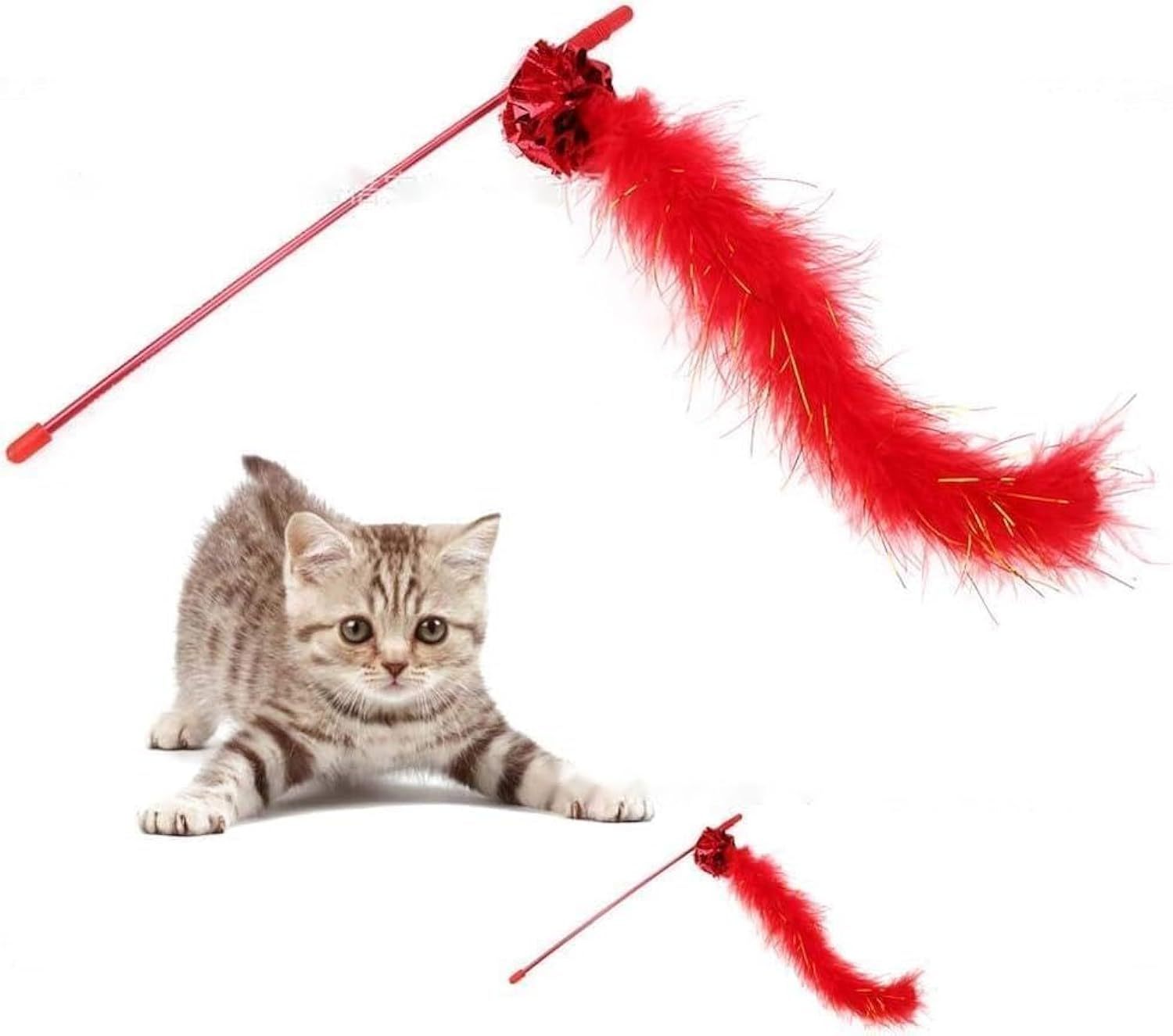 JMT-767562 Interactive Feather Teaser Wand with Crinkle Ball for Indoor Cat Play and Exercise