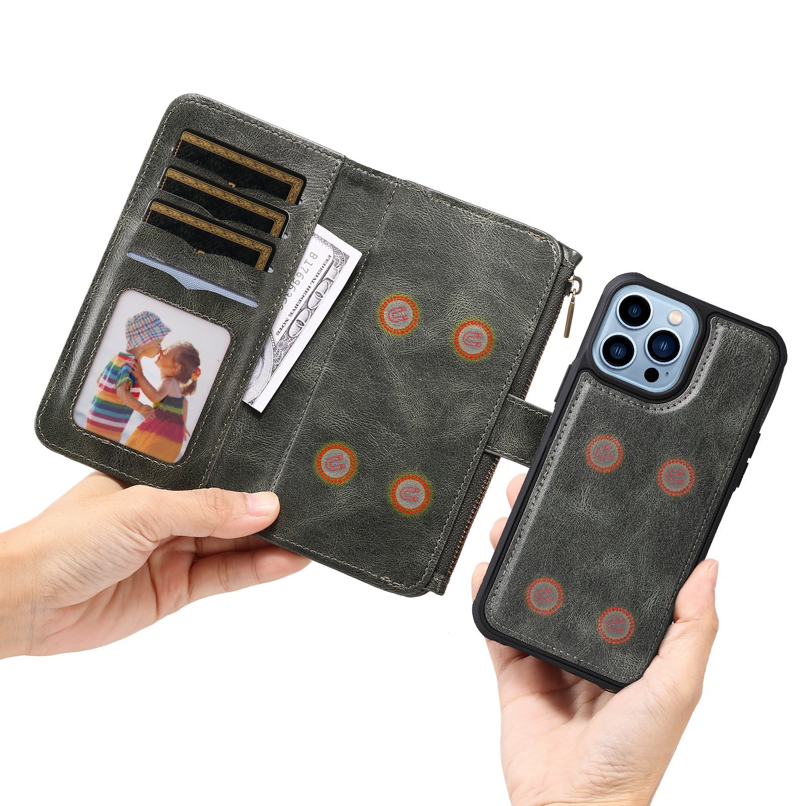 JMT-767946 Multi-Function Leather Phone Case with Card Wallet and Magnetic Anti-Fall Protection for 16 Models