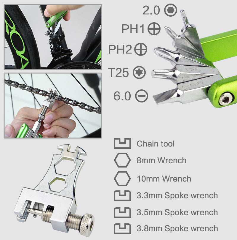JMT-771786 11-in-1 Bicycle Repair Tool with Screwdrivers and Multi-Function Features