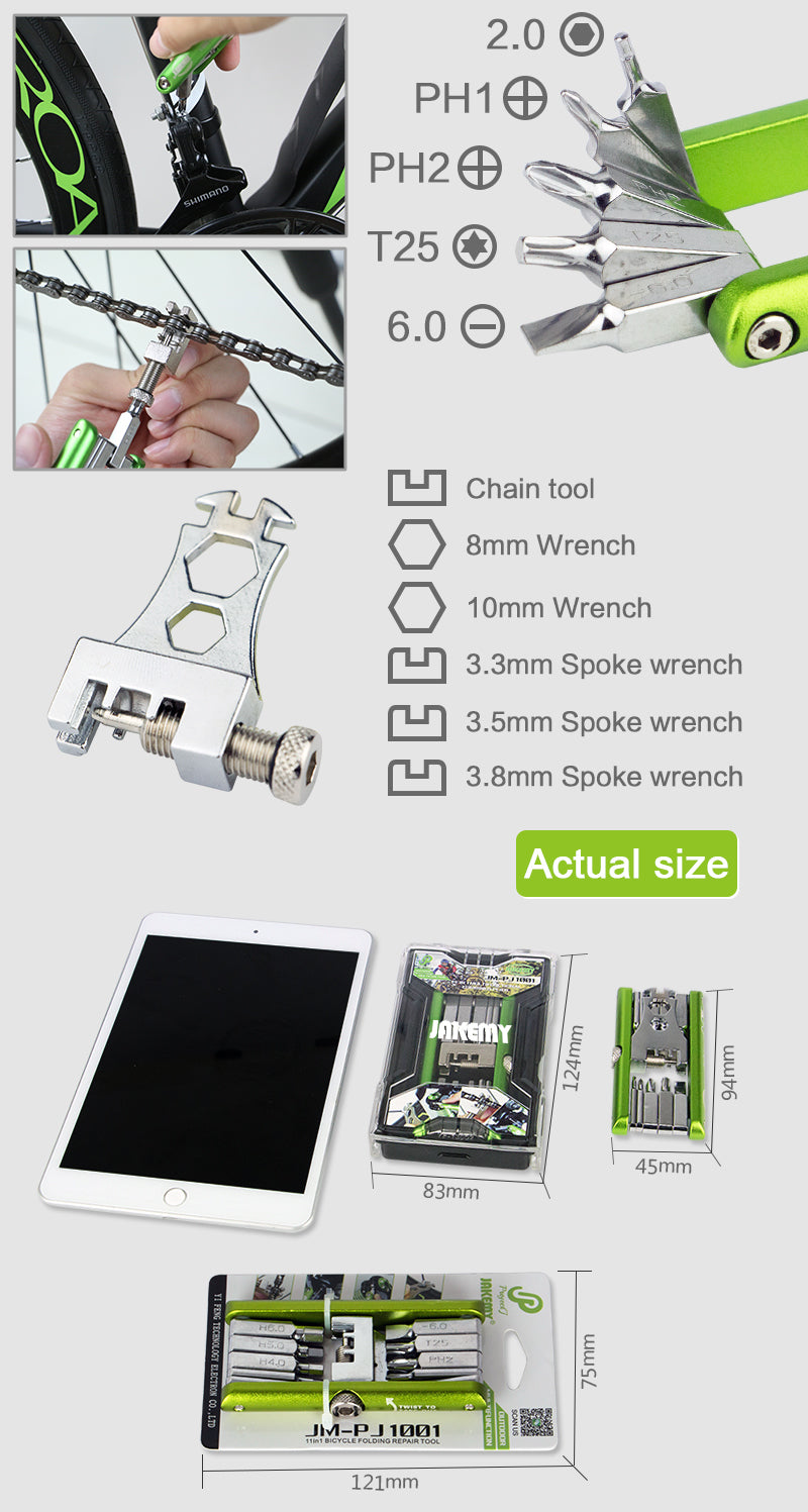 JMT-771786 11-in-1 Bicycle Repair Tool with Screwdrivers and Multi-Function Features