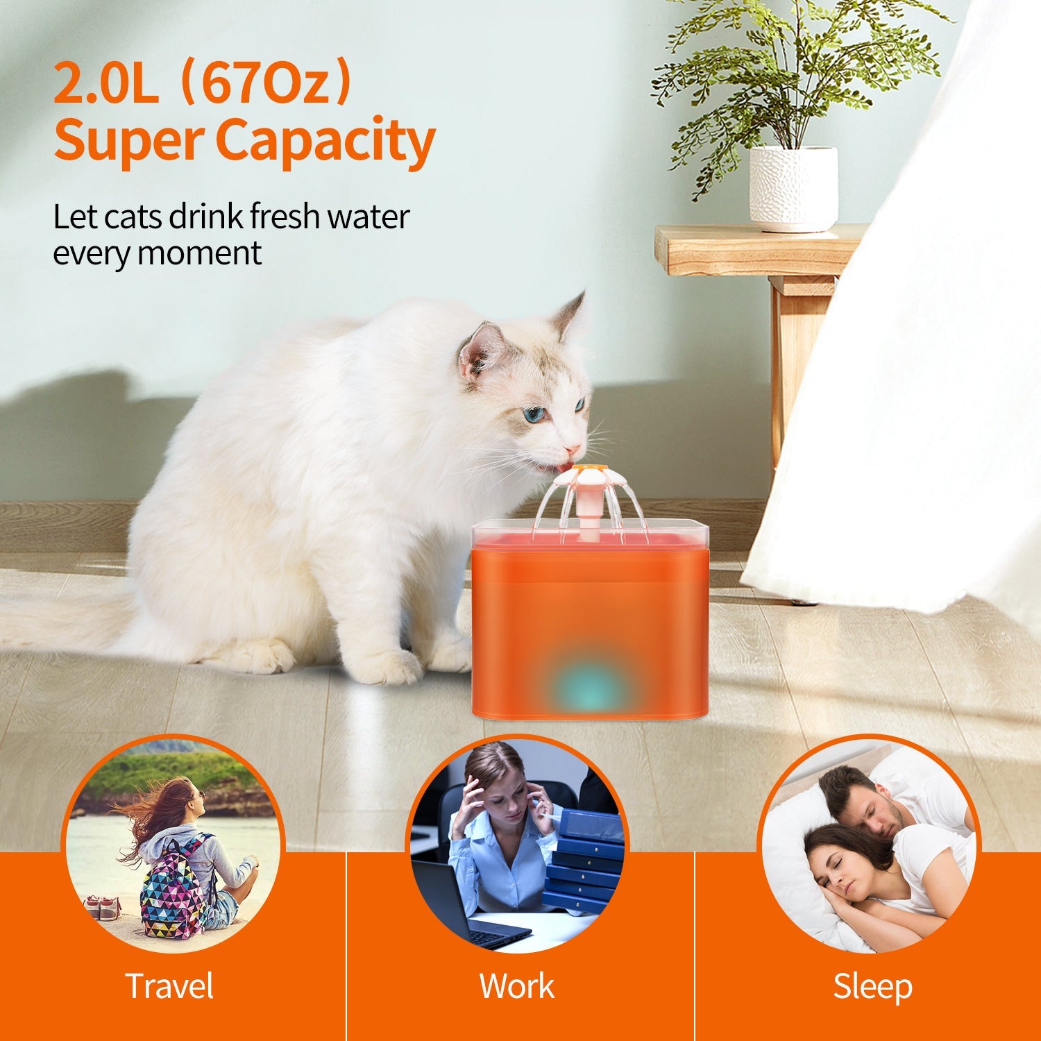 JMT-772042 Automatic Circulating Cat Water Dispenser with LED Light Indicator - 2L Capacity, 5V Power Supply, and 1.8M Cable