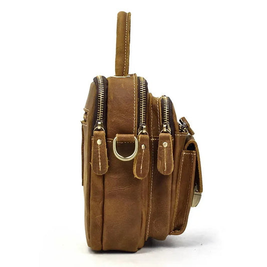 JMT-772554 Retro Crazy Horse Leather Waist Bag for Men - Waterproof Messenger Shoulder Bag in Light/Dark Brown