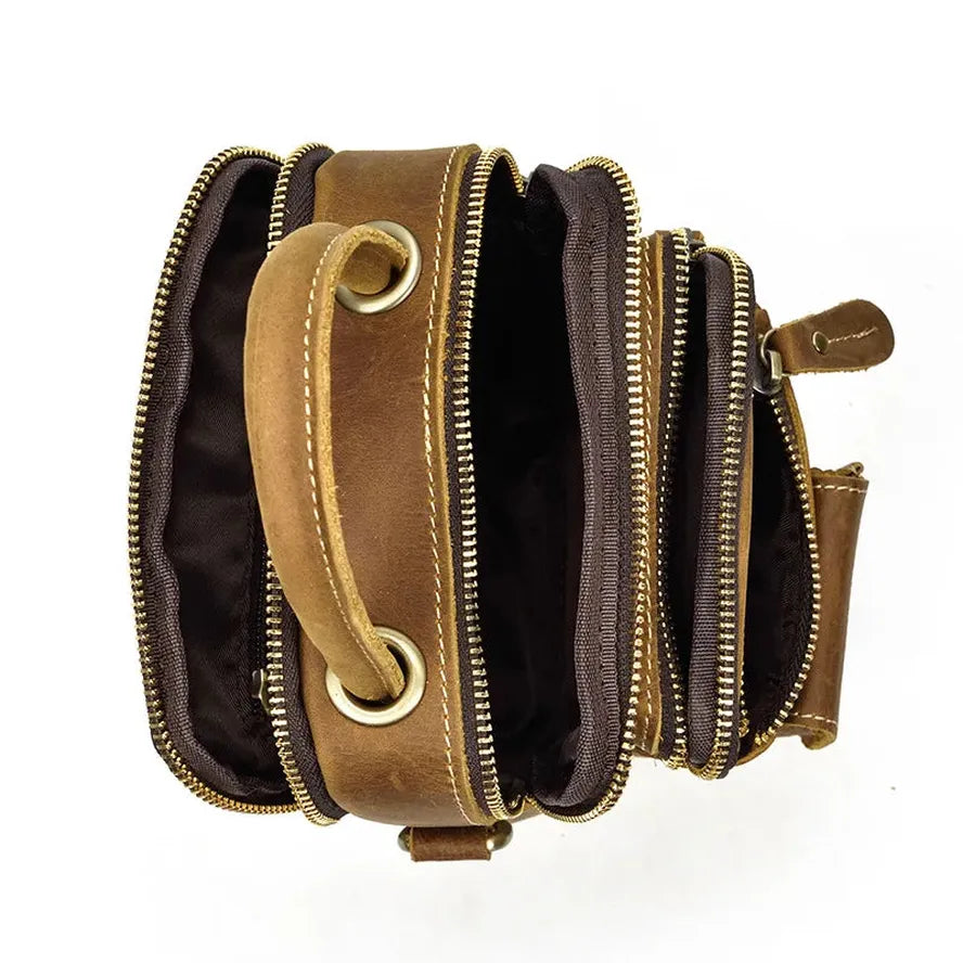 JMT-772554 Retro Crazy Horse Leather Waist Bag for Men - Waterproof Messenger Shoulder Bag in Light/Dark Brown