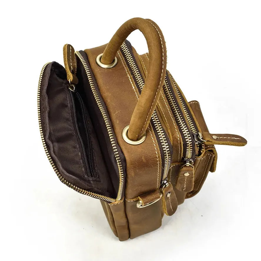JMT-772554 Retro Crazy Horse Leather Waist Bag for Men - Waterproof Messenger Shoulder Bag in Light/Dark Brown