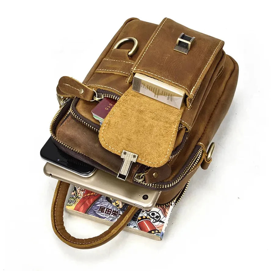 JMT-772554 Retro Crazy Horse Leather Waist Bag for Men - Waterproof Messenger Shoulder Bag in Light/Dark Brown