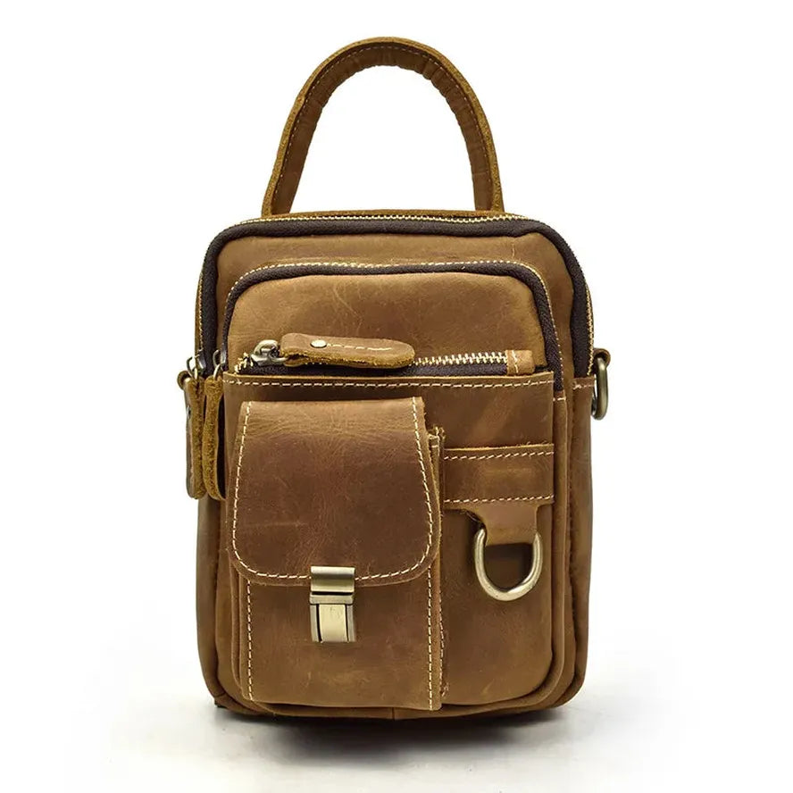 JMT-772554 Retro Crazy Horse Leather Waist Bag for Men - Waterproof Messenger Shoulder Bag in Light/Dark Brown
