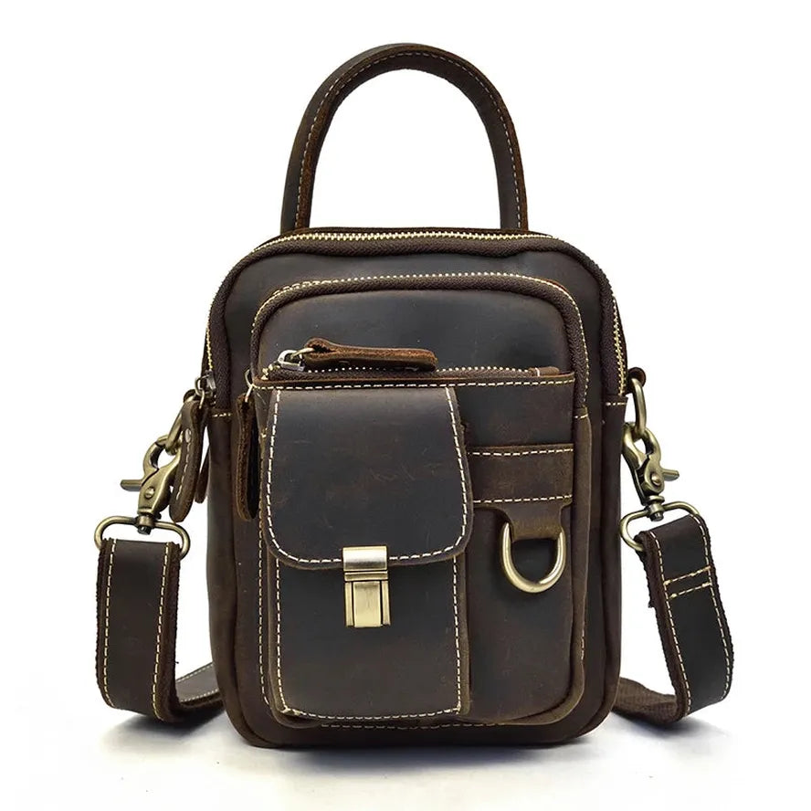 JMT-772554 Retro Crazy Horse Leather Waist Bag for Men - Waterproof Messenger Shoulder Bag in Light/Dark Brown