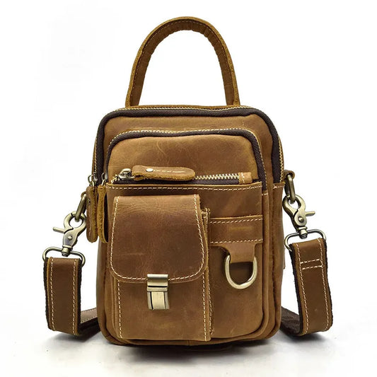 JMT-772554 Retro Crazy Horse Leather Waist Bag for Men - Waterproof Messenger Shoulder Bag in Light/Dark Brown