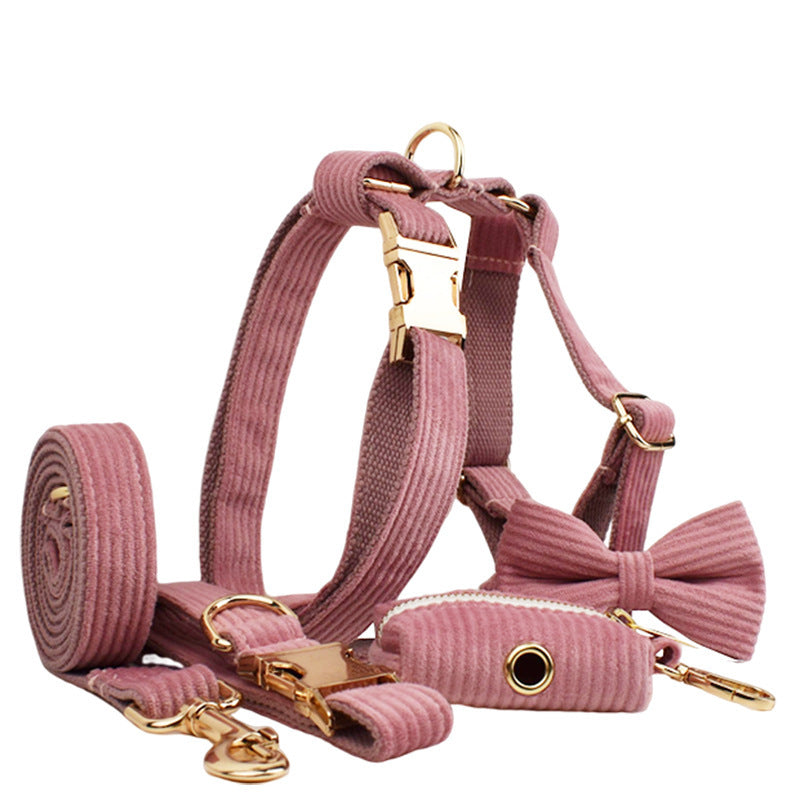 JMT-775498 Corduroy Dog Collar and Leash Set with Bow and Accessories - Five-Piece Pet Essentials