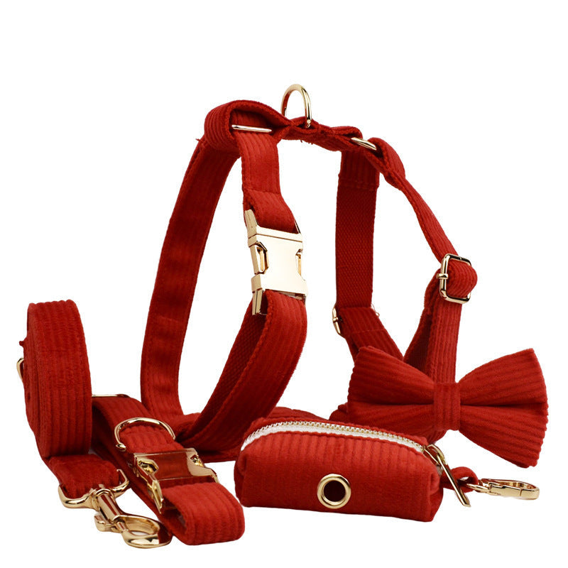 JMT-775498 Corduroy Dog Collar and Leash Set with Bow and Accessories - Five-Piece Pet Essentials