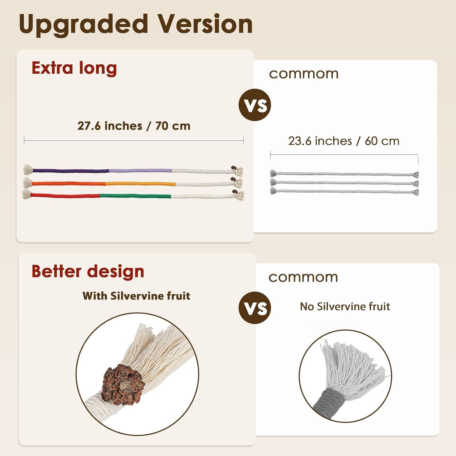 JMT-776458 Interactive Cotton Rope Cat Toy with Silvervine Fruit for Healthy Chewing and Dental Care, 27.6 Inches Long