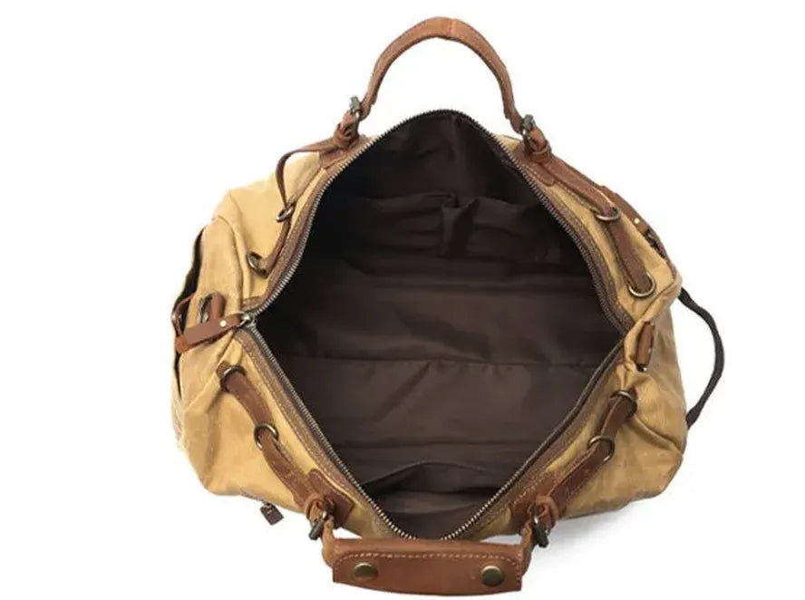 JMT-777866 Waxed Canvas Travel Duffle Bag with Leather Trim