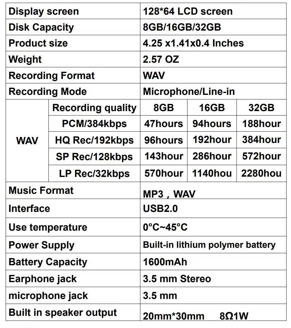 JMT-778634 HD Noise Reduction Digital Recording Pen Portable MP3 Player with Large Capacity and Multi-Language Support