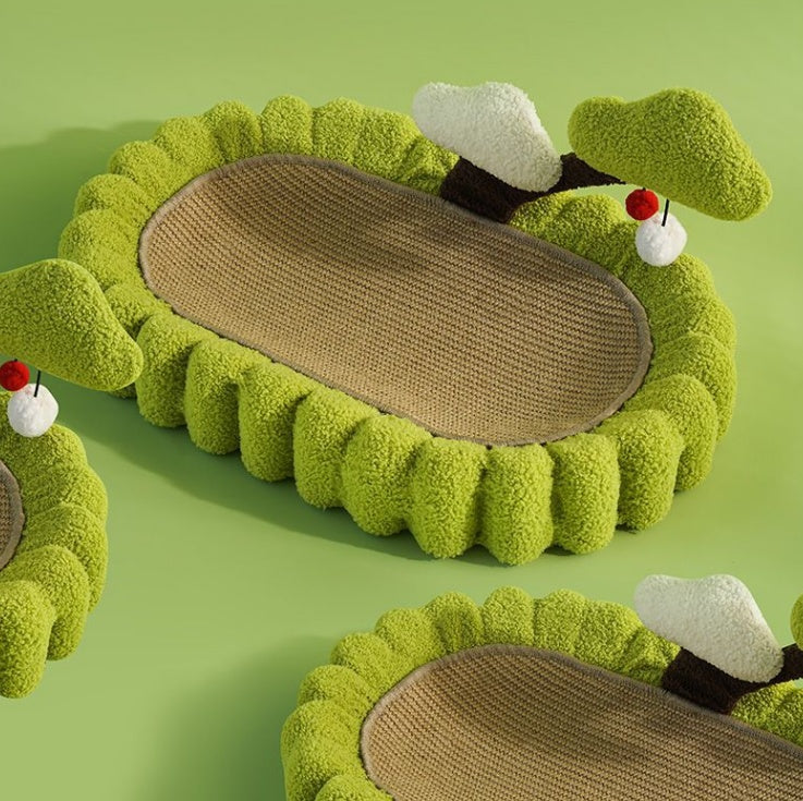 JMT-778634 Large Space Cat Scratching Post and Lounge, Hand Woven Sisal with Teddy Velvet, Green 25.6 Inch Tree Design, Non-Slip Base for Indoor Use