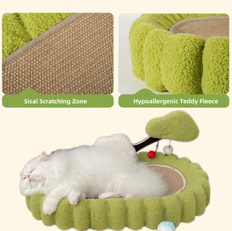 JMT-778634 Large Space Cat Scratching Post and Lounge, Hand Woven Sisal with Teddy Velvet, Green 25.6 Inch Tree Design, Non-Slip Base for Indoor Use