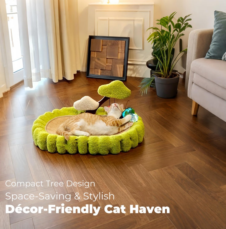 JMT-778634 Large Space Cat Scratching Post and Lounge, Hand Woven Sisal with Teddy Velvet, Green 25.6 Inch Tree Design, Non-Slip Base for Indoor Use